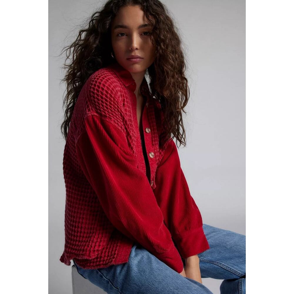 NWT BDG Bryson Waffle Knit Red Shirt Jacket Urban Outfitters Size Large - Picture 2 of 8